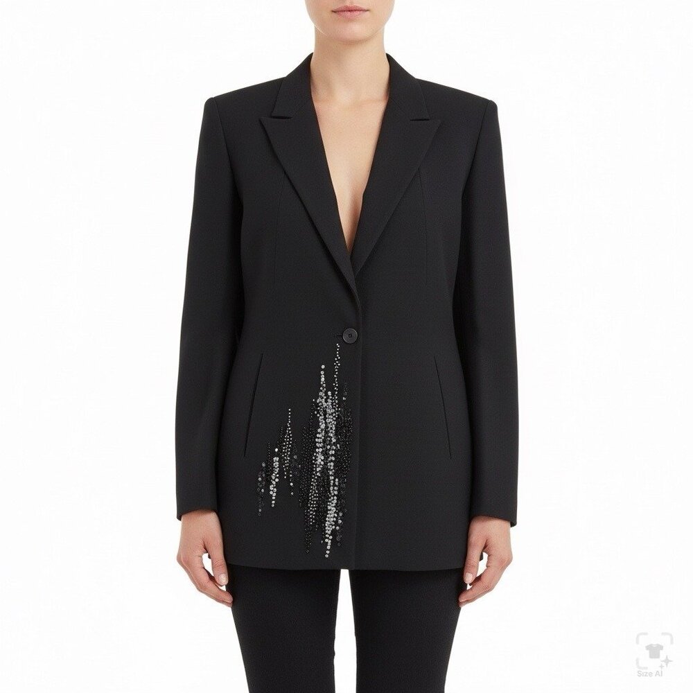 Margon Women’s Black Wool & Rayon Sequin Embellished BlazerElegant Design Sz 52